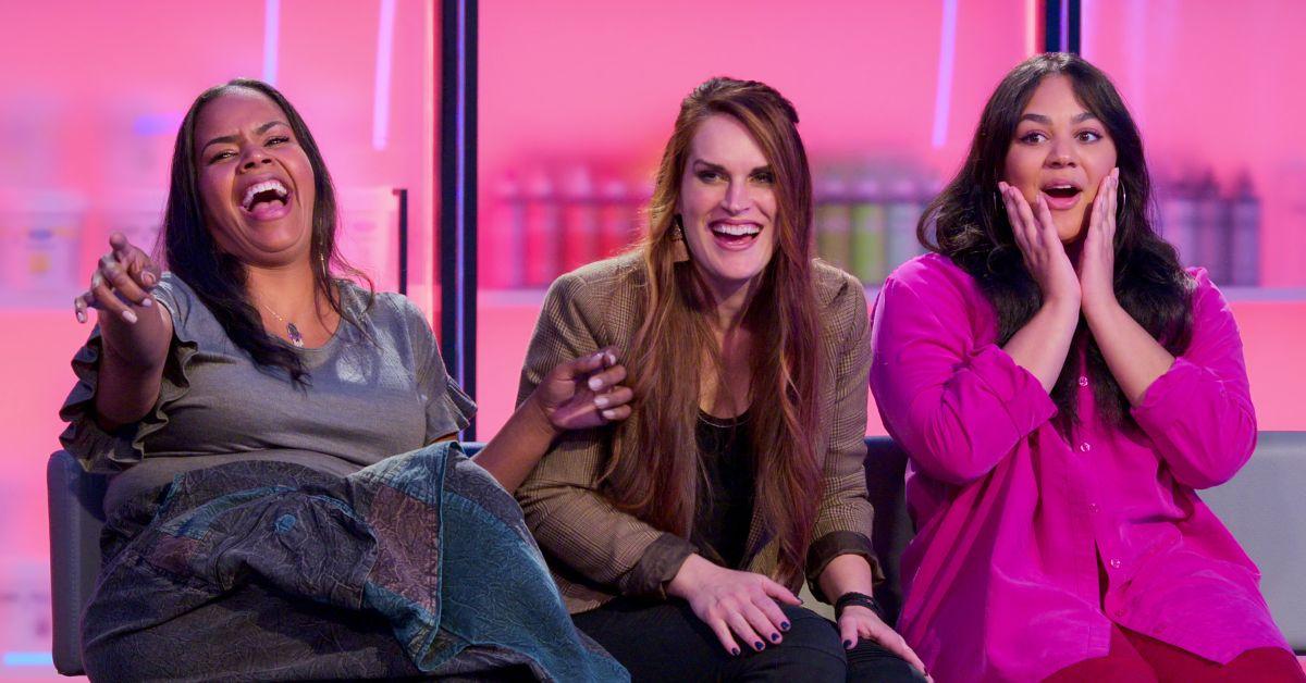 Season 2 contestants Spirit Wallace, Elizabeth Rowe, Dayna Smith laughing on an episode of 'Is It Cake?'