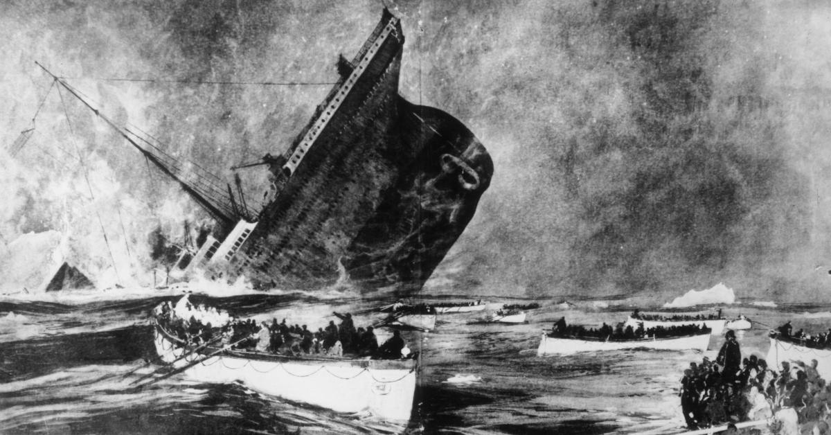 Illustration of Titanic sinking: An illustration of survivors watching the Titanic sink, London News - pub. 1912 