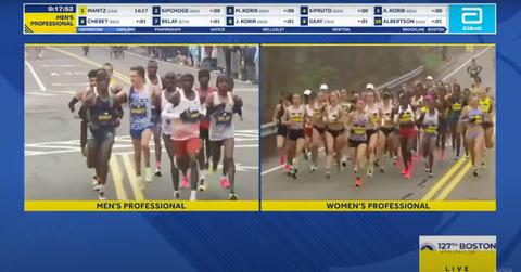 a still of the men's professional and women's professional divisions in the boston marathon