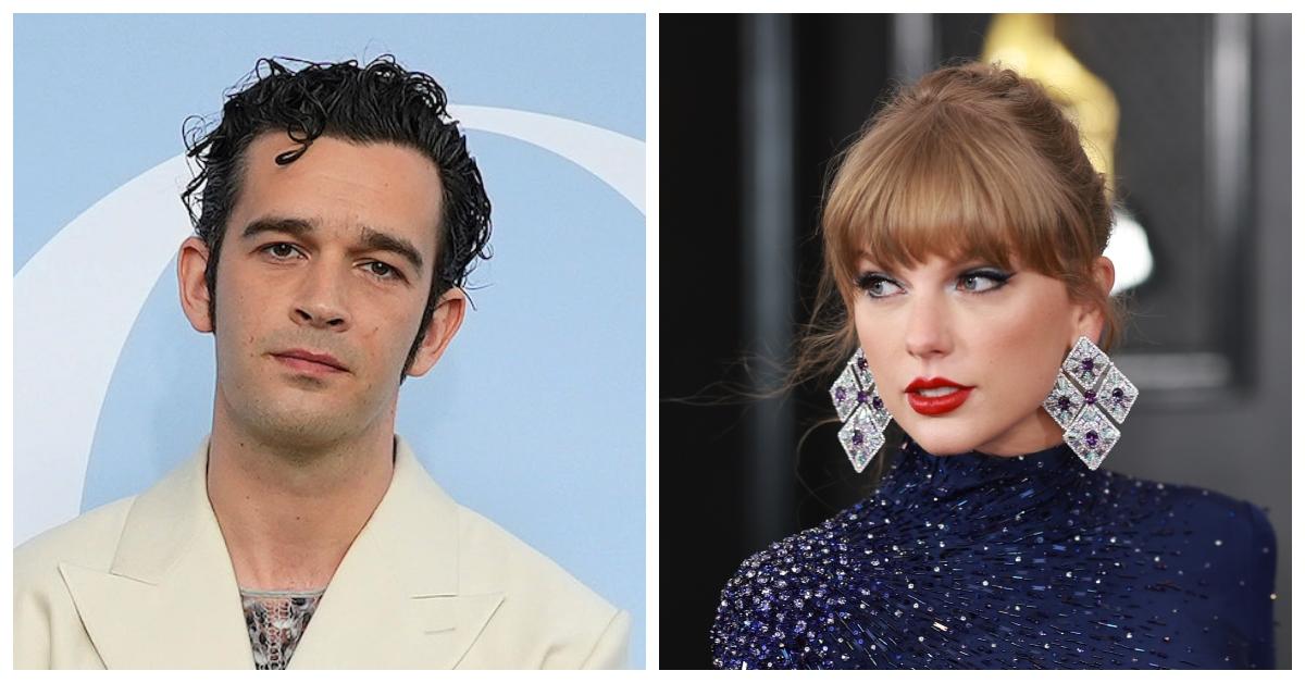 a side-by-side of Matty Healy posing for a photo and Taylor Swift posing for a photo