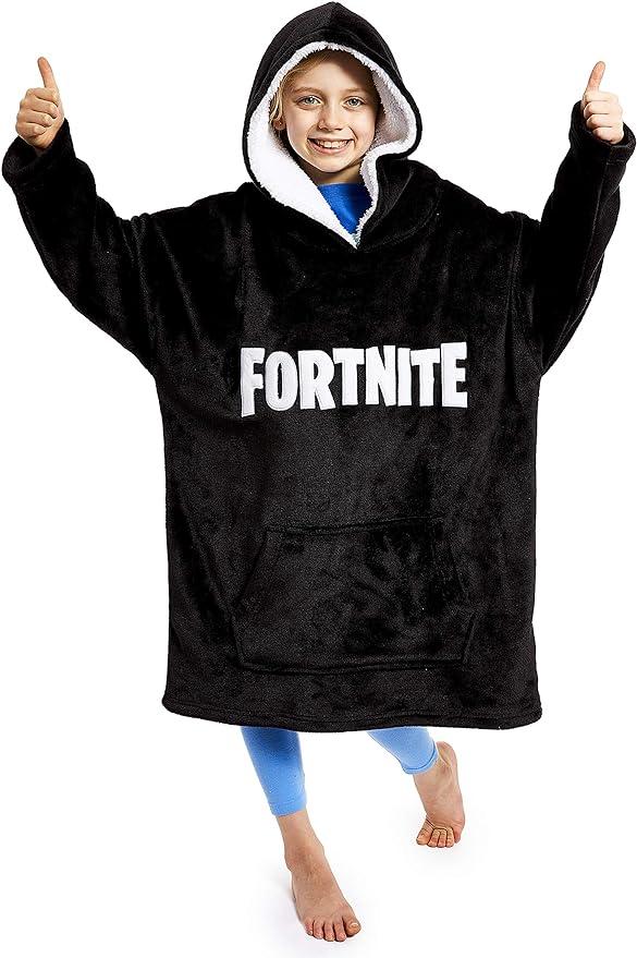 black hoodie blanket that says fortnite