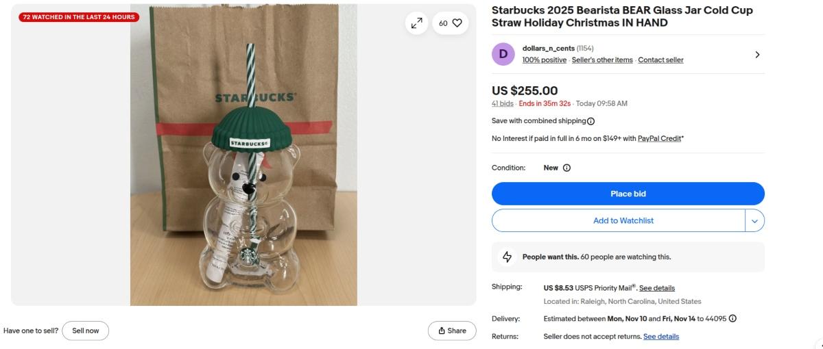 Starbucks Bearista cup listing on eBay.