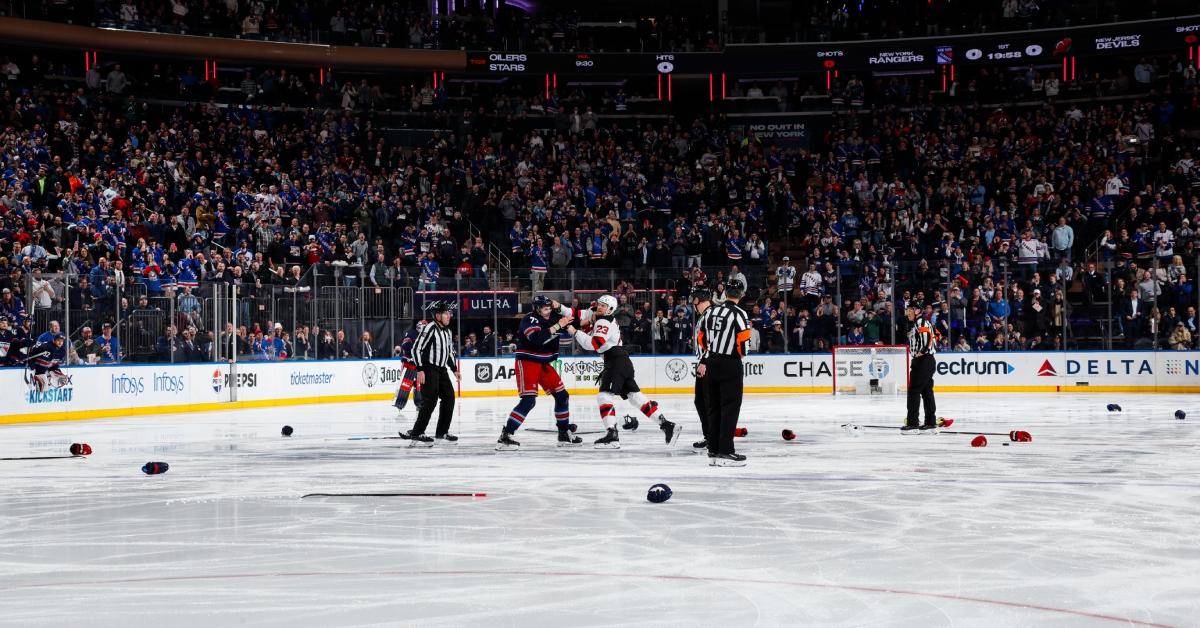 The New York Rangers and New Jersey Devils fighting