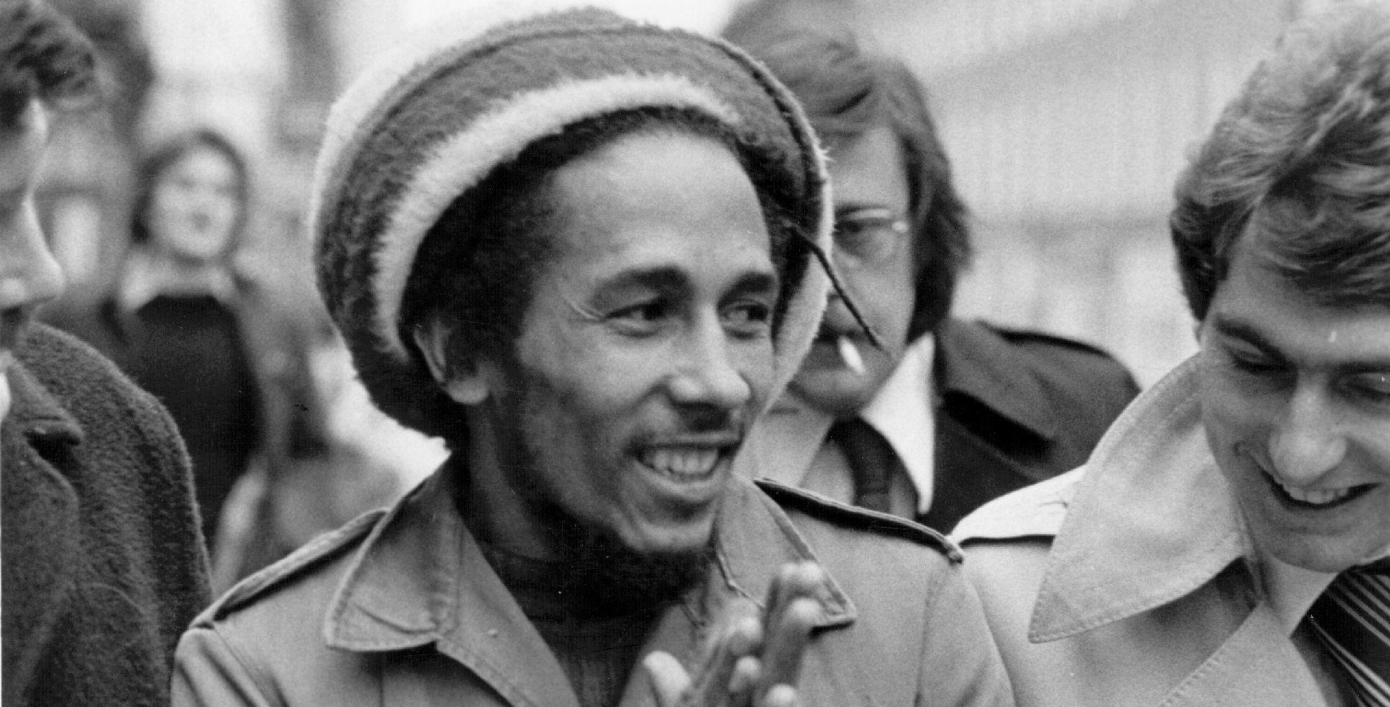 Bob Marley (1945 - 1981) outside Marylebone Magistrates Court in London