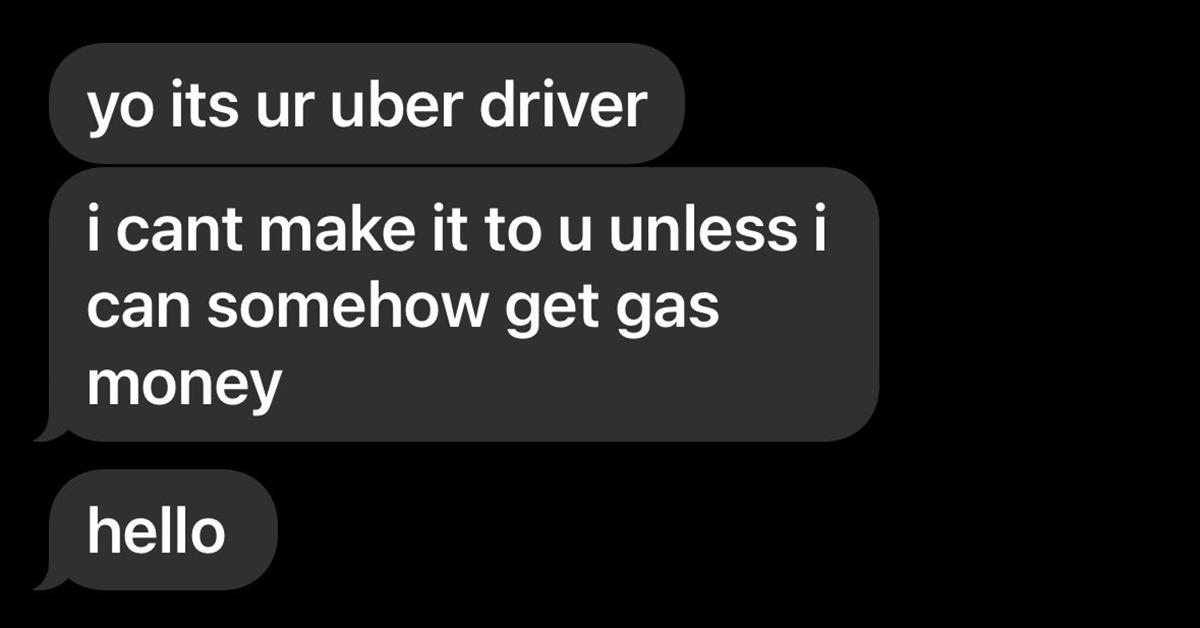 Texts from Uber Eats driver asking for Cash App for gas money