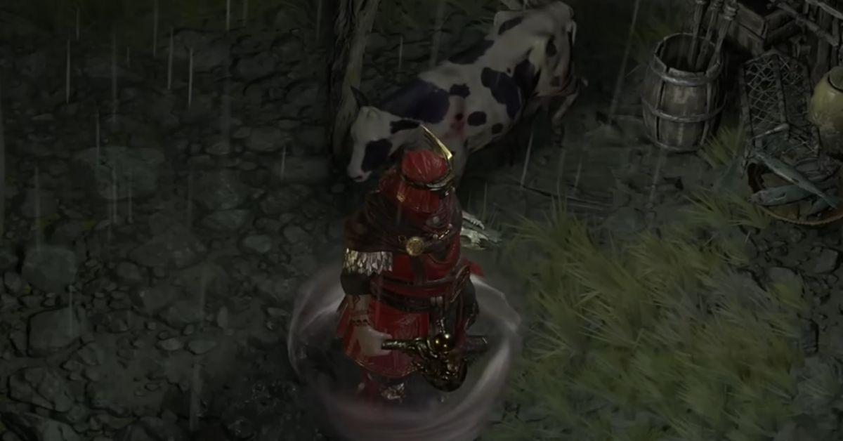 A Diablo IV player standing next to a cow.