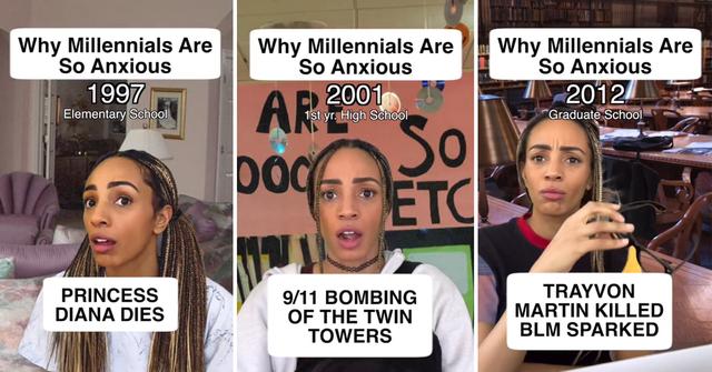 A woman lists major events that have made millennials anxious adults