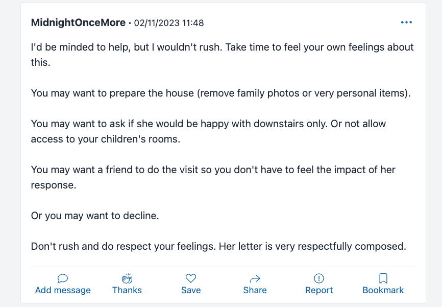 mumsnet "am i being unreasonable" post about receiving a letter from previous owner of home wanting to visit