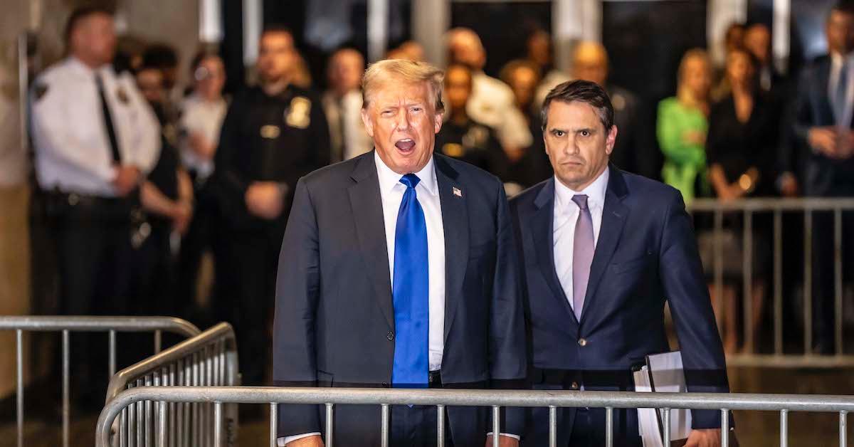 Former President Donald Trump and his attorney Todd Blanche exit the courthouse and speak to media after Trump was found guilty following his hush money trial at Manhattan Criminal Court on May 30, 2024 in New York City