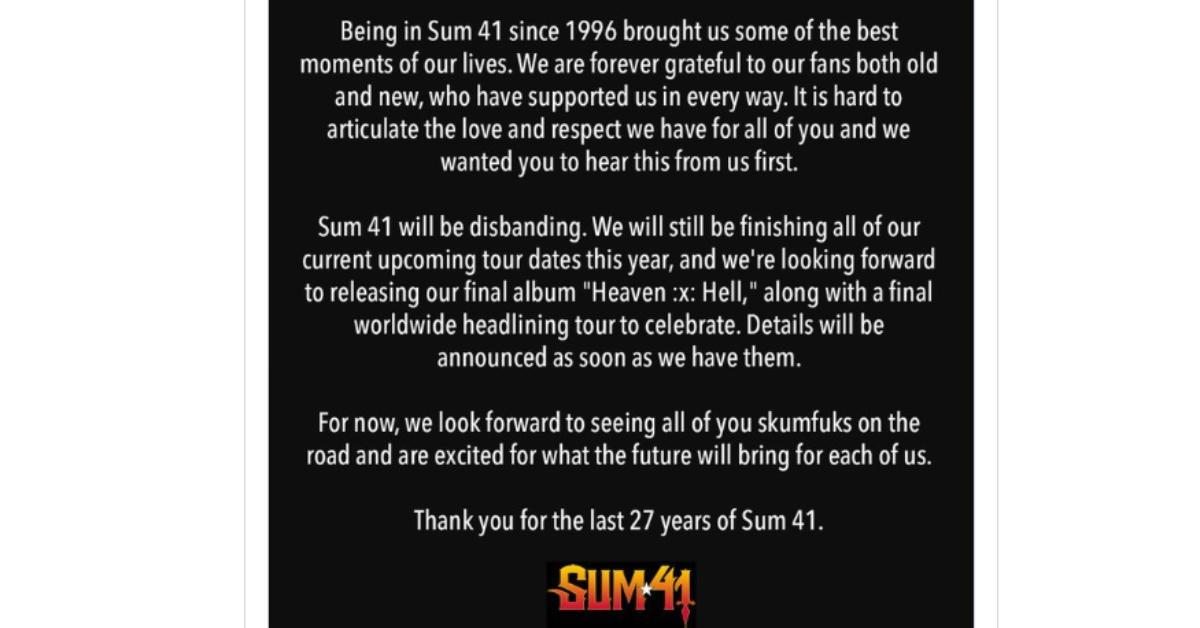 Sum 41 Announces Band's Breakup After 27 Years Together