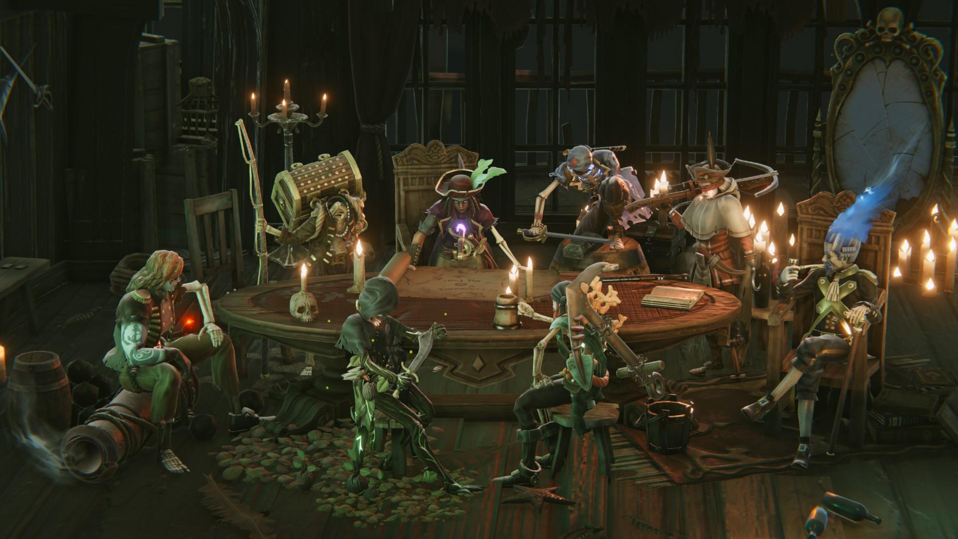 'Shadow Gambit: The Cursed Crew' Screenshot of the cursed crew around a table.