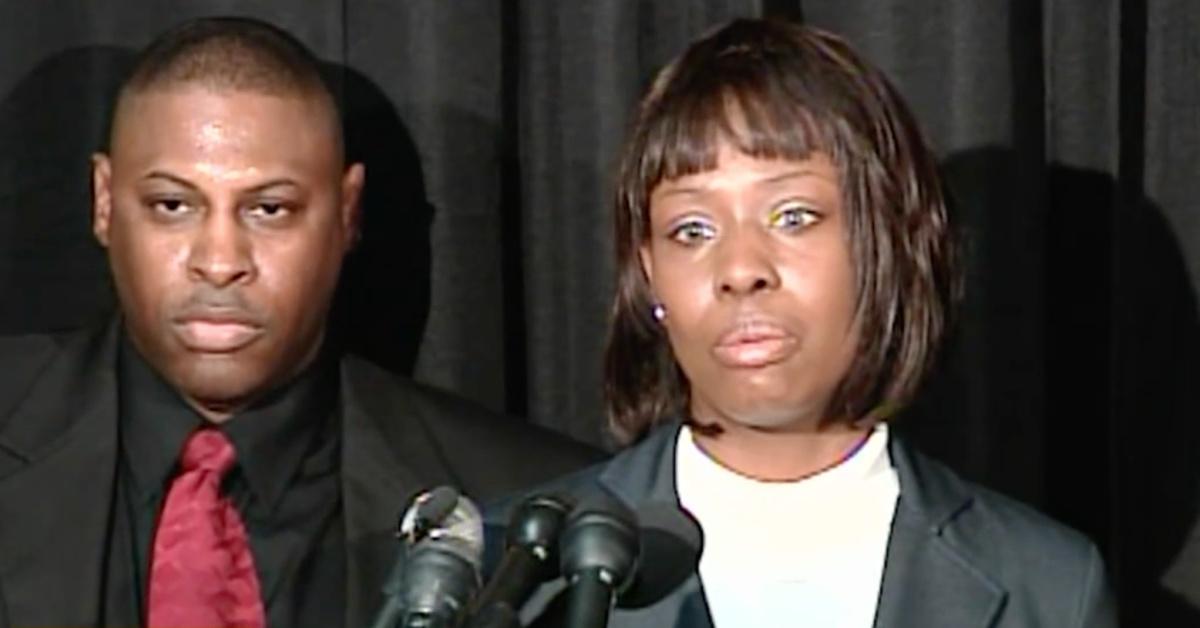 Crystal Mangum speaking during a press conference.