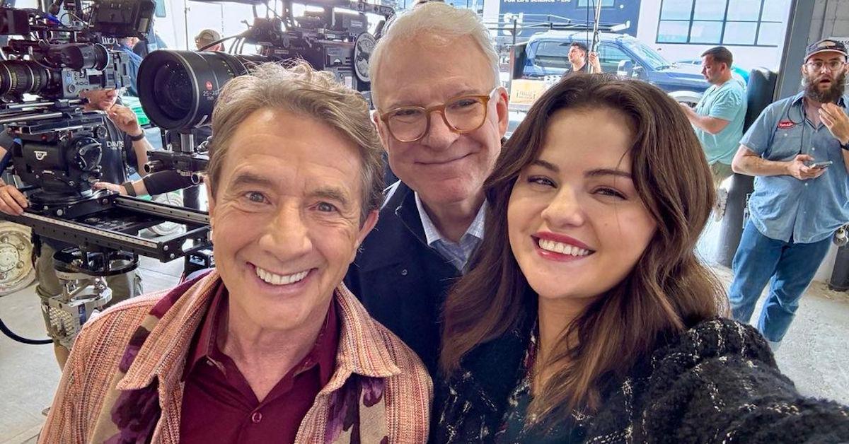 Martin Short, Steve Martin, and Selena Gomez on the set of 'Only Murders in the Building' in July 2024