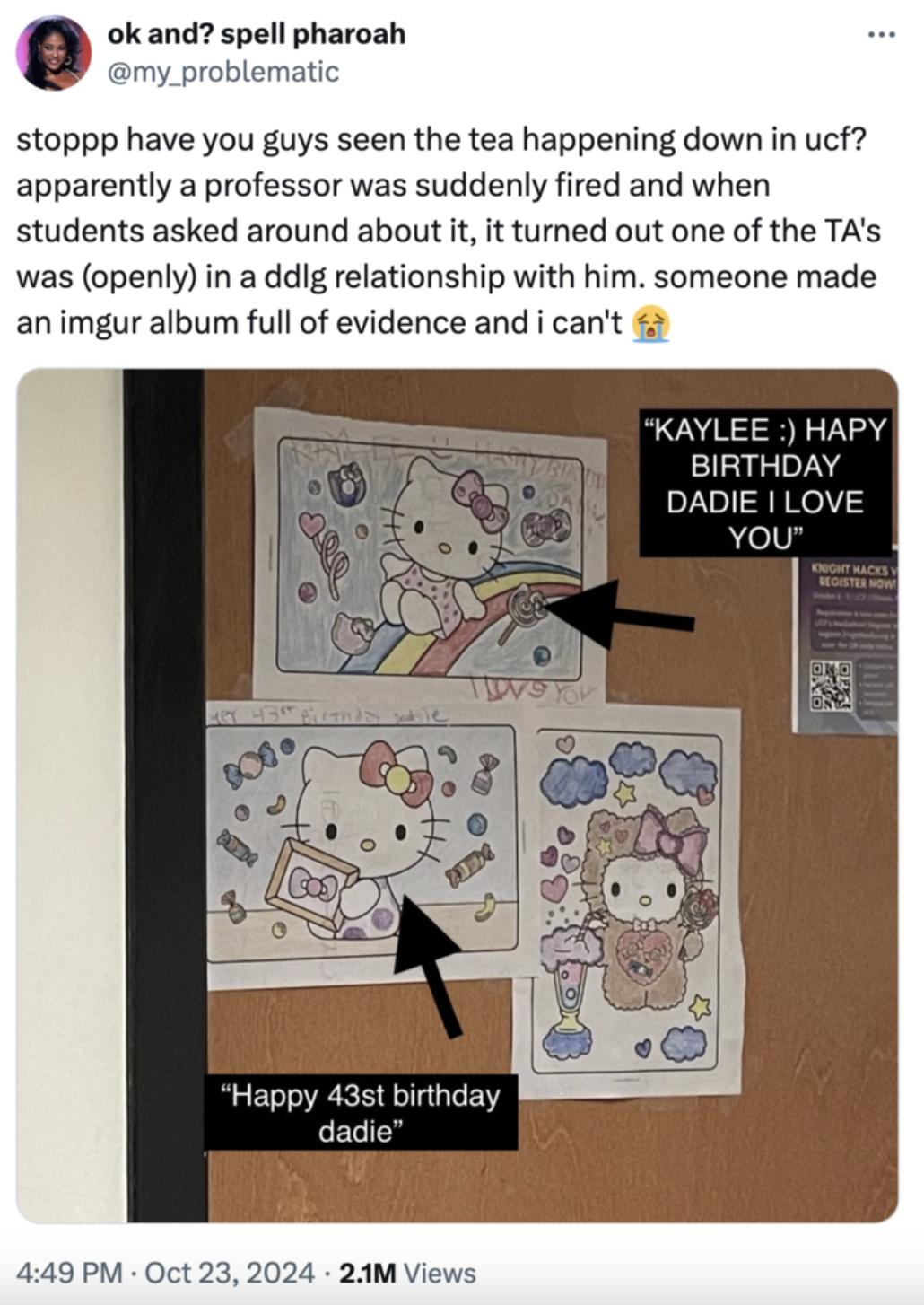 Viral post of hello kitty coloring pages allegedly posted on the office door of Professor Meade at UCF.