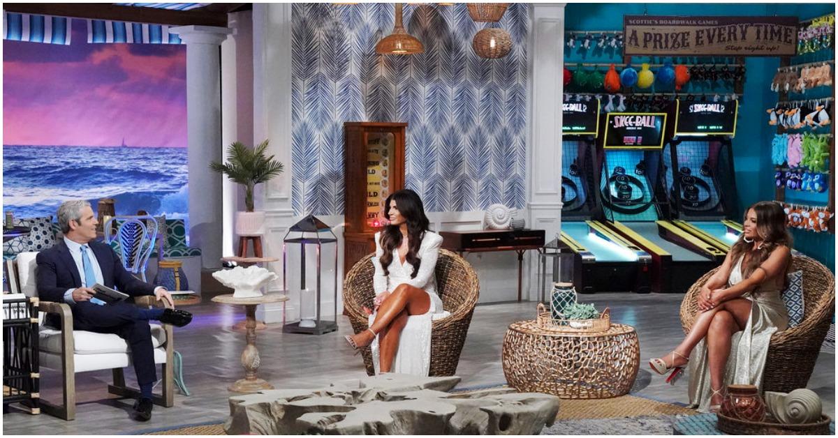 Andy Cohen, Teresa Giudice, and Dolores Cantina at the 'RHONJ' reunion 