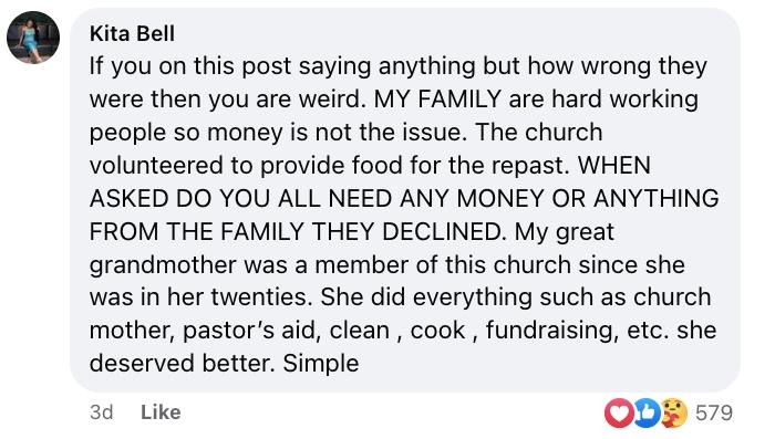 Facebook comment that says: "“My great-grandmother was a member of this church since she was in her twenties. She did everything such as church mother, pastor’s aid, [cleaning], [cooking], fundraising, etc. She deserved better.” 