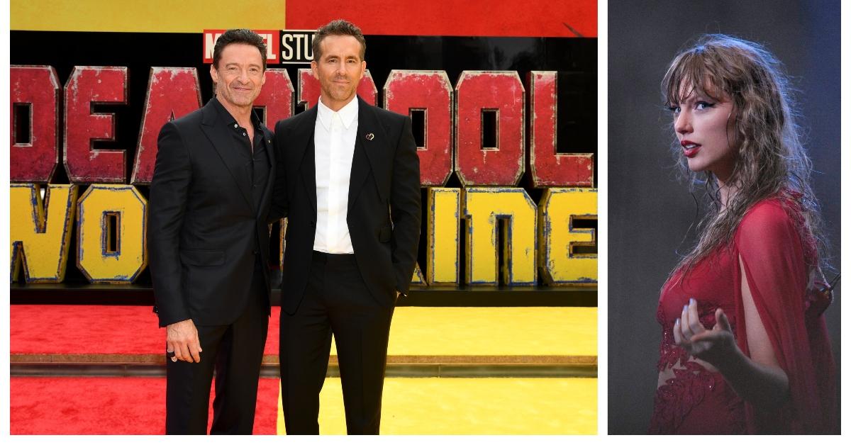 (L-R): Hugh Jackman and Ryan Reynolds at a 'Deadpool & Wolverine' premiere; Taylor Swift performs