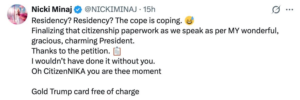Nicki Minaj says on X that she got the Trump Gold Card "free of charge."