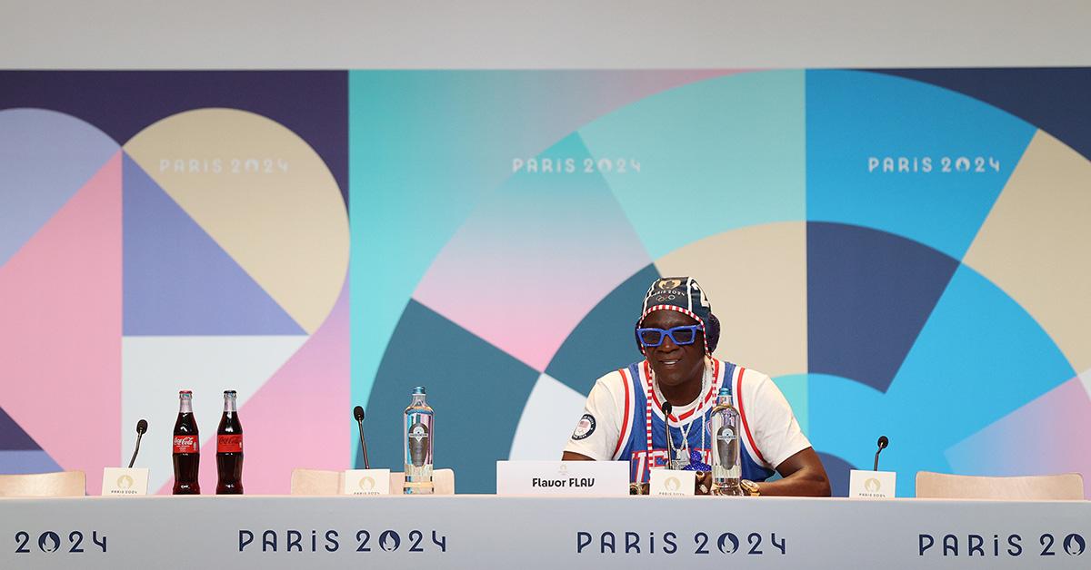 Flavor Flav at a press conference during the Paris Olympics. 