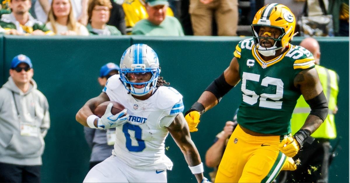 Detroit Lions running back Jahmyr Gibbs plays agains the Green Bay Packers.