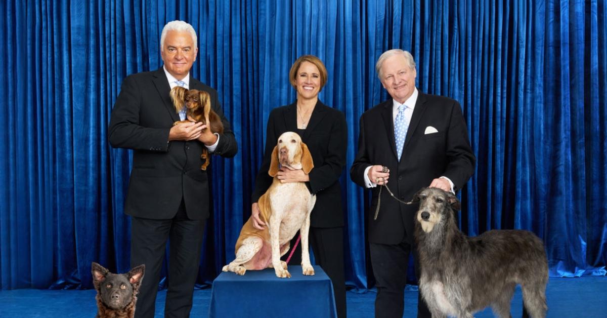 Mary Carillo posing with her dog show co-hosts