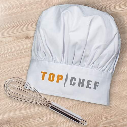 A silver whisk and white chef's hat that says "Top Chef"