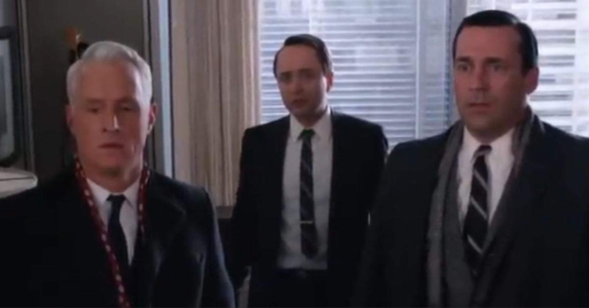 Roger Sterling, Pete Campbell, and Don Draper find Lane Pryce dead on and episode of "Mad Men."