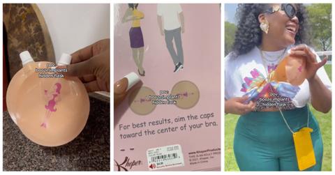 Woman hides booze in a breast implant flask.