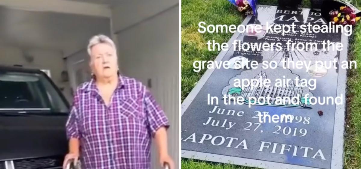 An elderly woman was caught stealing flowers from a grave thanks to an Apple AirTag