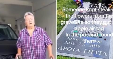 An elderly woman was caught stealing flowers from a grave thanks to an Apple AirTag