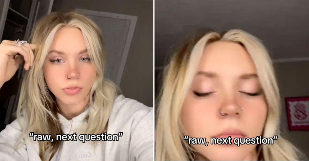 A blonde woman in two side-by-side images with "raw, next question" over her. 