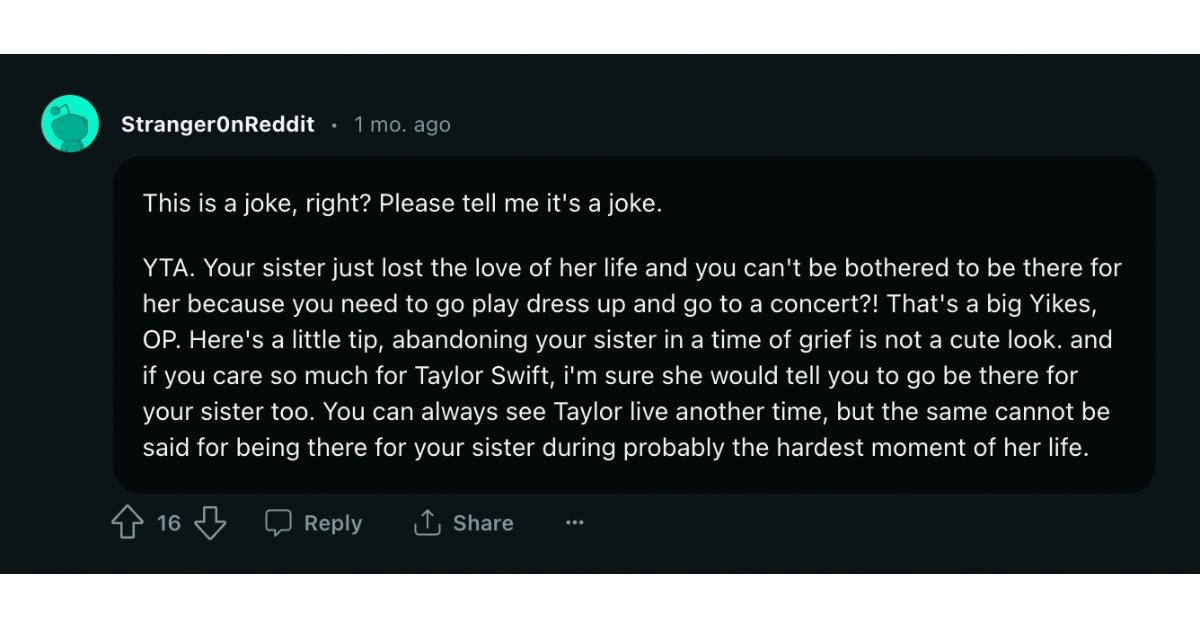 reddit comment about taylor swift fan refusing to go to funeral for concert on AITA