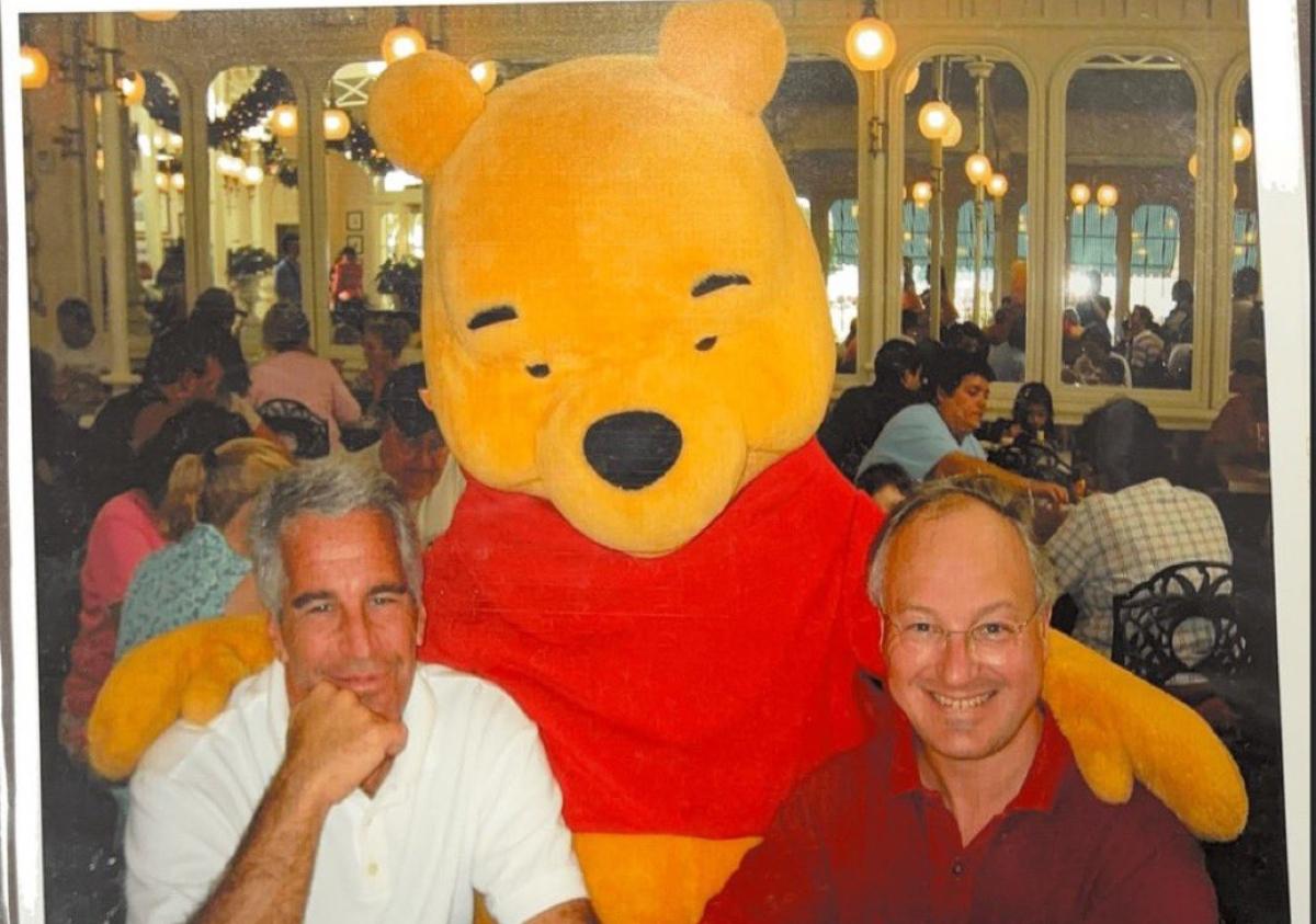 Jeffrey Epstein and an unknown man with a Winnie the Pooh costumed character