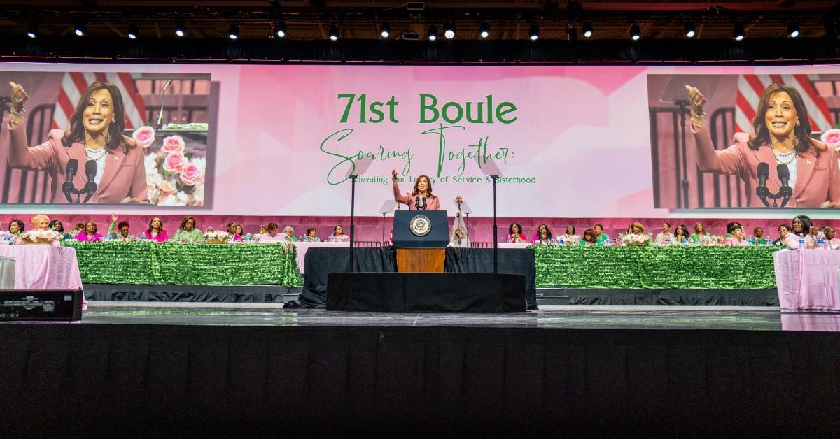 Vice President Kamala Harris speaks at the Alpha Kappa Alpha Sorority, Inc.'s 71st Boule in Dallas in July 2024.