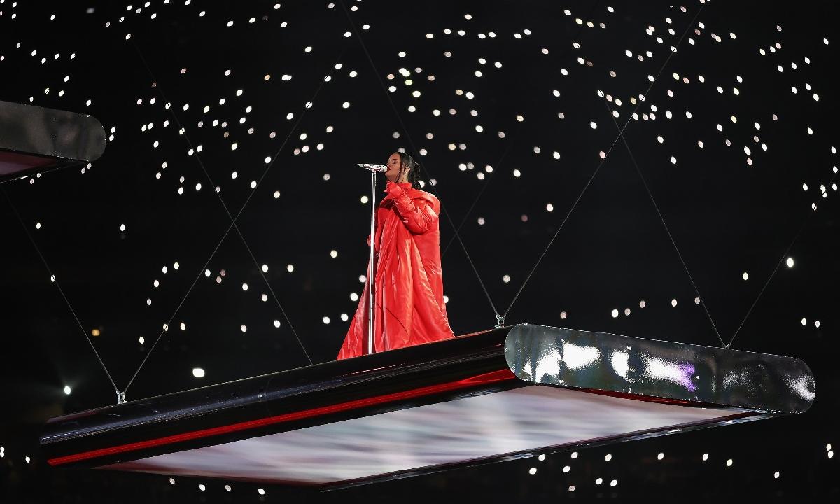 Rihanna performing during halftime at Super Bowl 2023