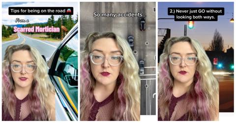 Scarred mortician and TikTok user @lovee.miss.lauren says drivers should look both ways at a green light.