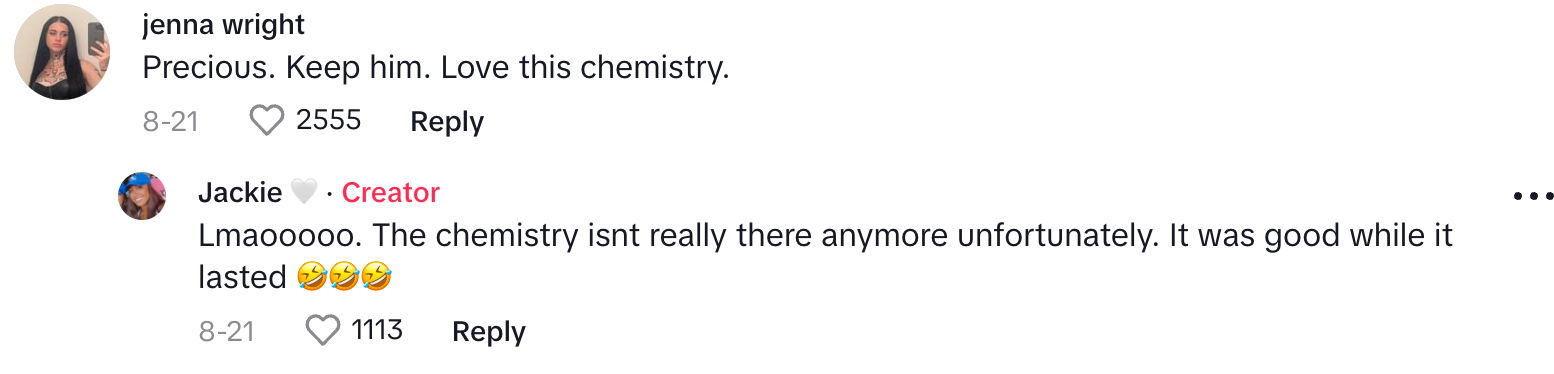 A commenter saying that Jackie and the guy have good chemistry