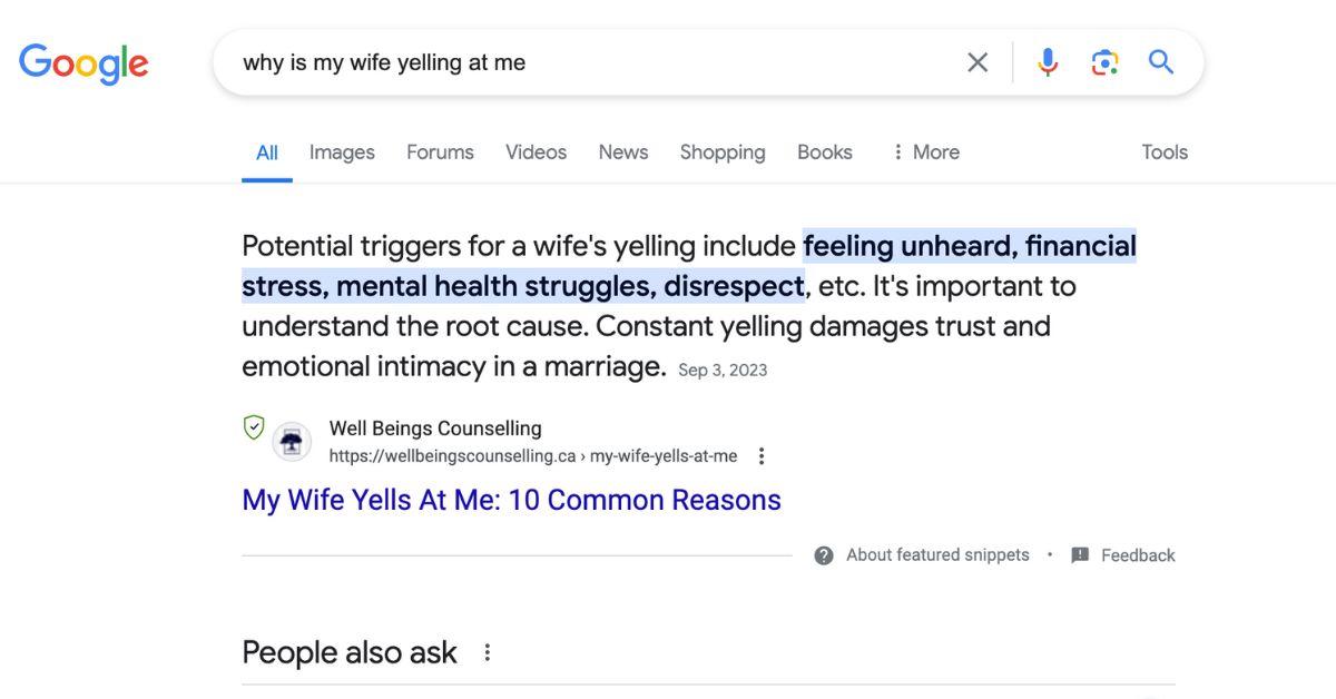 Google search results for 'Why is my wife yelling at me'