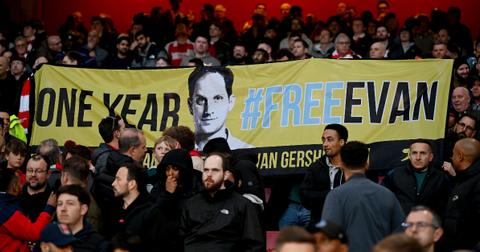Fans display a banner in the stands, in support of Evan Gershkovich, American journalist and reporter during the Premier League match between Arsenal FC and Luton Town