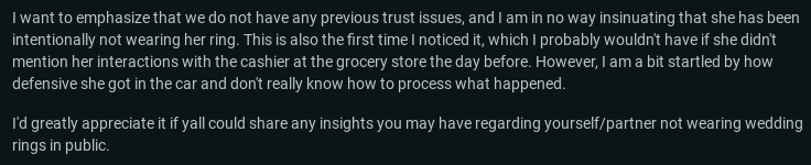 Wife Doesn't Wear Wedding Ring, Husband Calls Her Out - Reddit