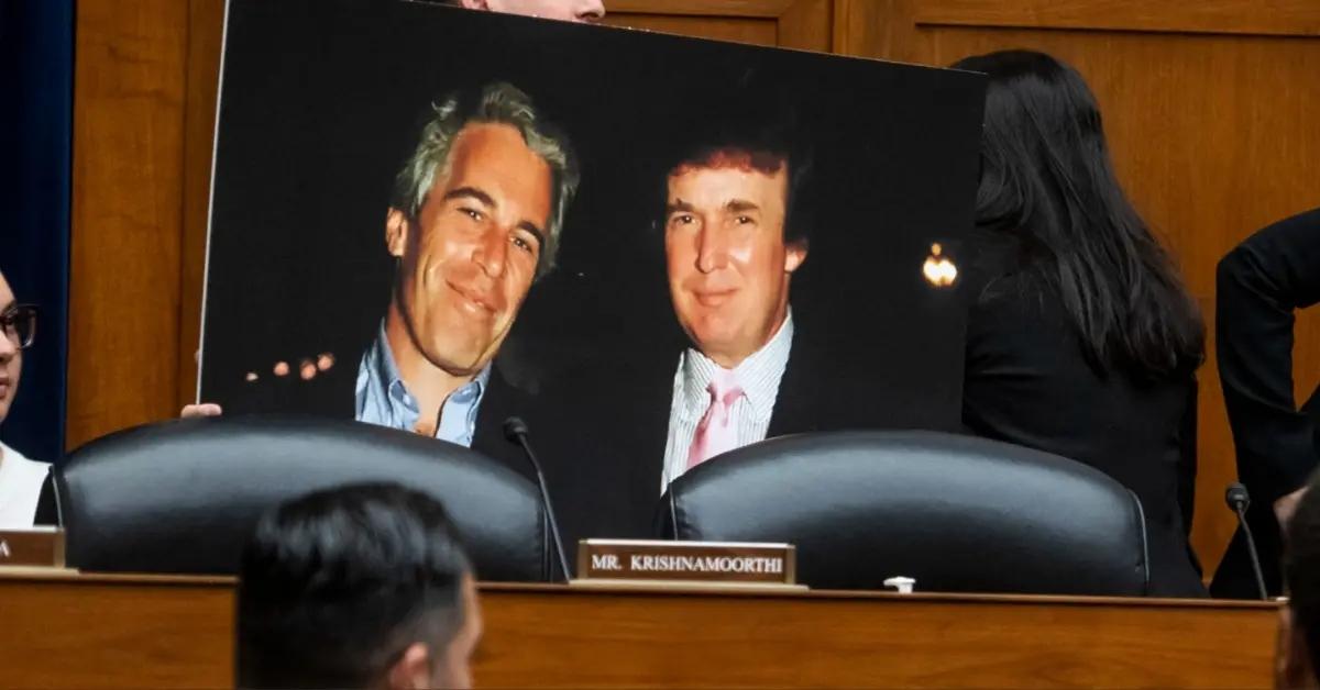 A photo board with Jeffrey Epstein and Donald Trump’s photo on it.