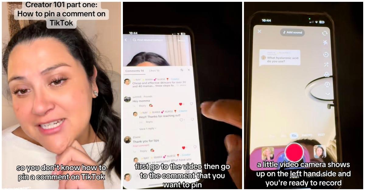 A TikTok user showing her followers how to pin a comment on TikTok.