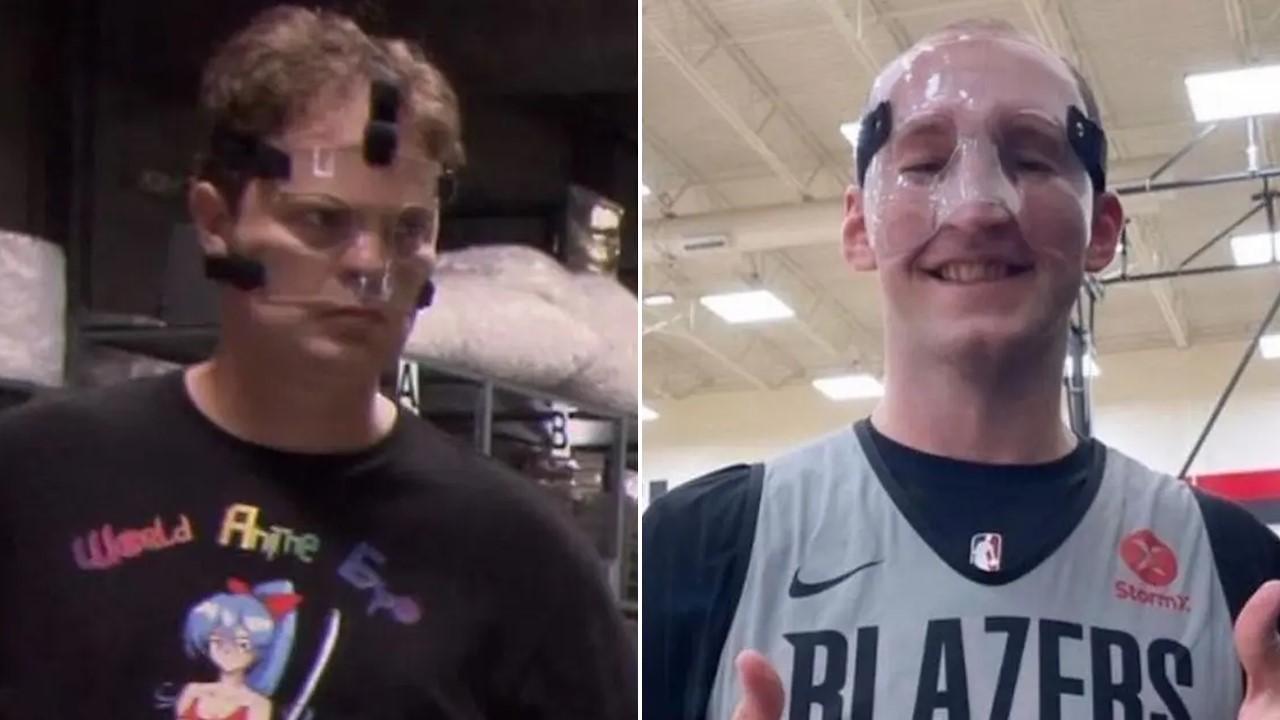 A side-by-side comparison of Rainn Wilson and Cody Zeller wearing masks