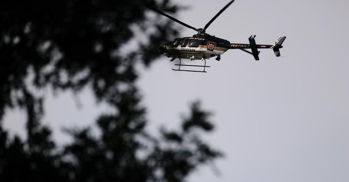 A State Police helicopter over perimeter of search zone for Danelo Cavalcante on September 8, 2023 in Kennett Square, Penn.