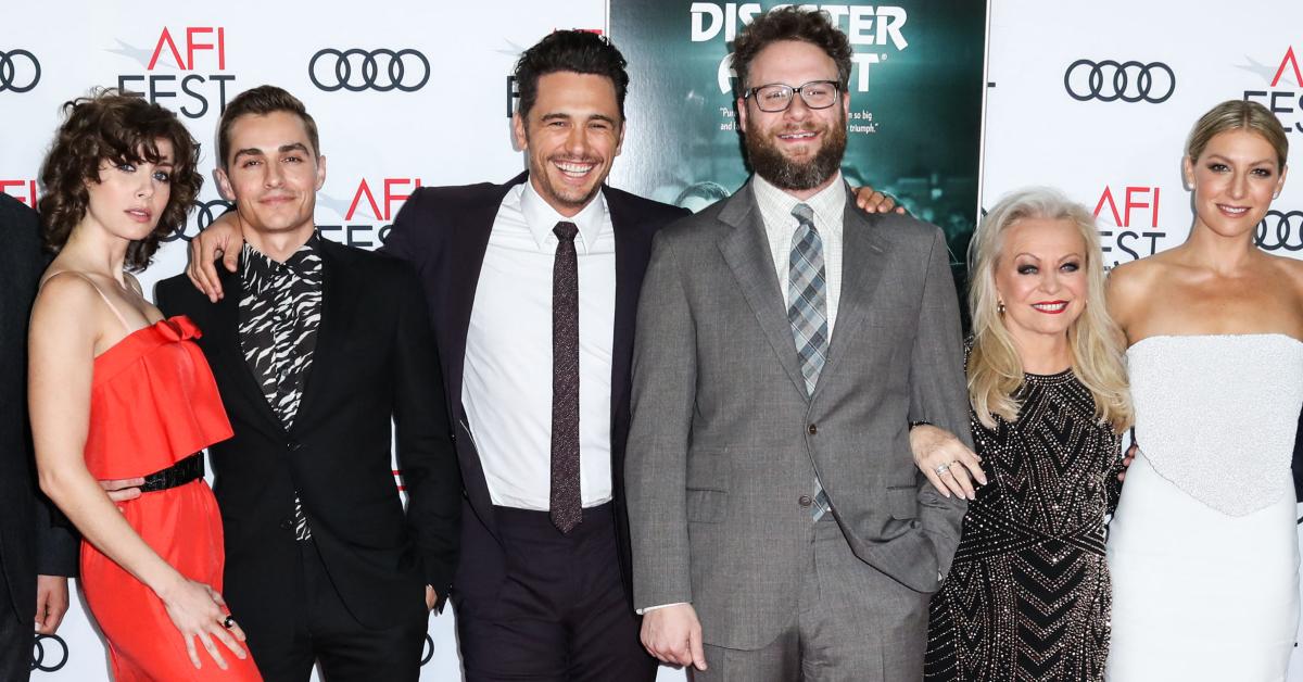 James Franco and Seth Rogen standing together for a cast photo at a film screening 