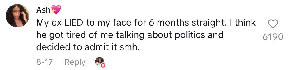 Comment on TikTok of woman saying young men lie about who they voted for to date.