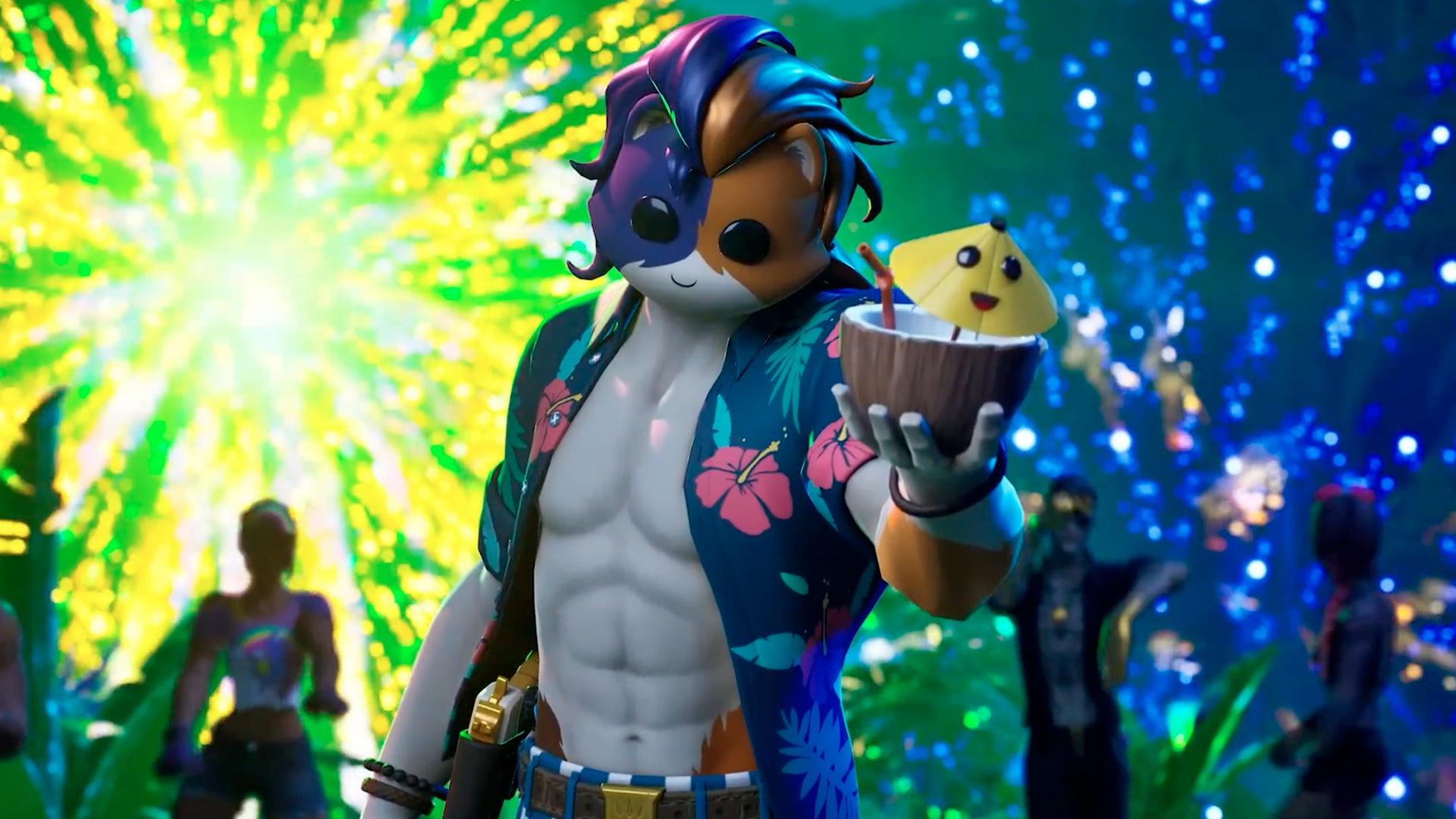 'Fortnite' promo art showing cat man avatar holding a opened coconut.