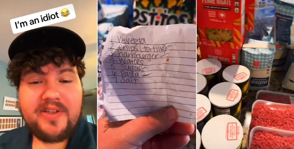 A man misunderstands grocery list from wife