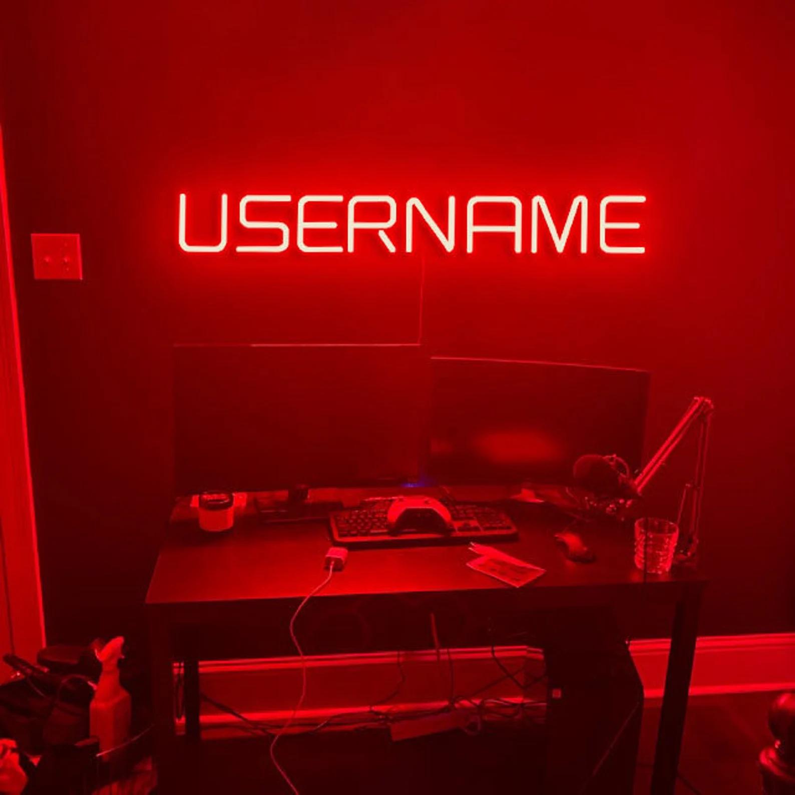 A red neon sign in front of a gaming setup that reads "username"