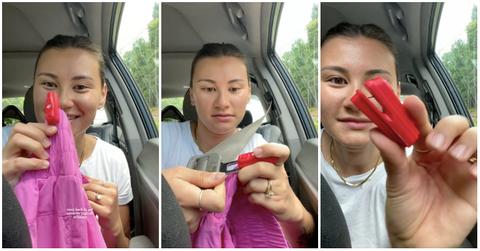Woman gives tutorial on how to remove target security sensor using a seatbelt.